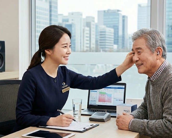 강남보청기 나눔보청기에서 청능 전문가가 서라운드 스피커 시스템과 실이측정 장비를 활용해 고객에게 맞춤형 보청기 피팅 서비스를 제공하는 모습