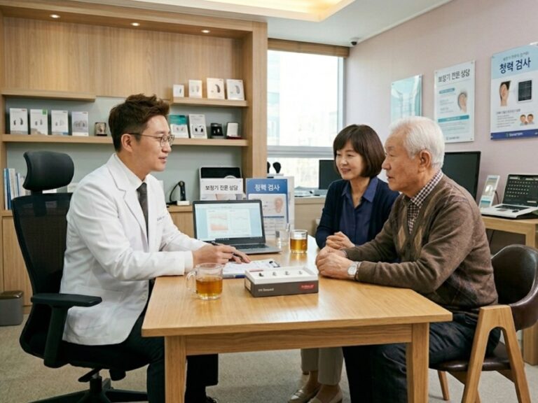 보청기 전문점에서 상담 받는 노부부